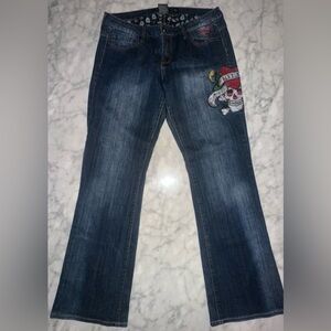 Vintage Y2K Ed Hardy Dark Blue Jeans with Red & White Skull Patch
